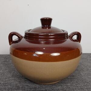 Vintage Two-Tone Stoneware Cookie Jar/Bean Pot Rustic Farmhouse Glossy Finish
